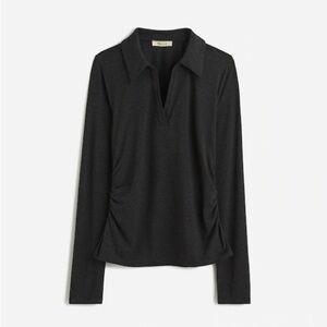 Madewell Side Cinch Long Sleeve Polo Top sweater vneck collar charcoal ruched